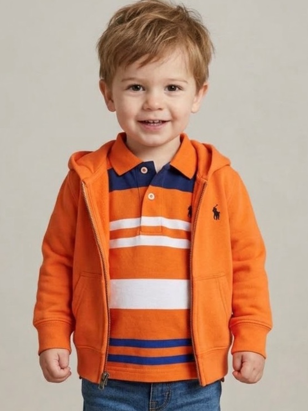 Ralph Lauren SET, Orange Striped Polo Shirt + Orange Zip Hoodie with logo, 2T